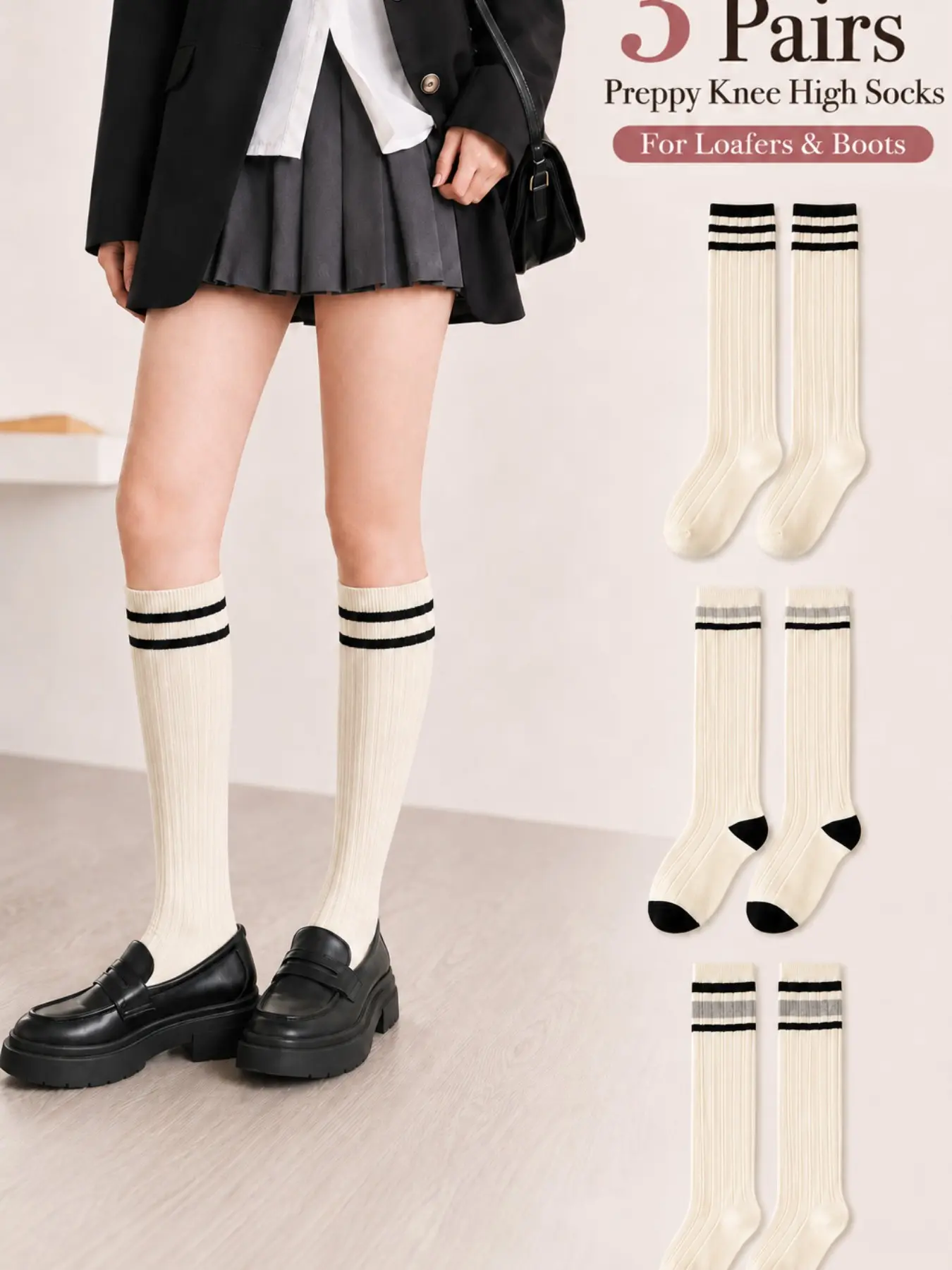 3/6 Pairs Women's Preppy Knee High Socks, Soft Ribbed Striped Long Socks, Casual Knit Socks for Loafers, Boots, School Uniform, Cosplay, Fall Winter Daily Wear, Casual Stylish Socks