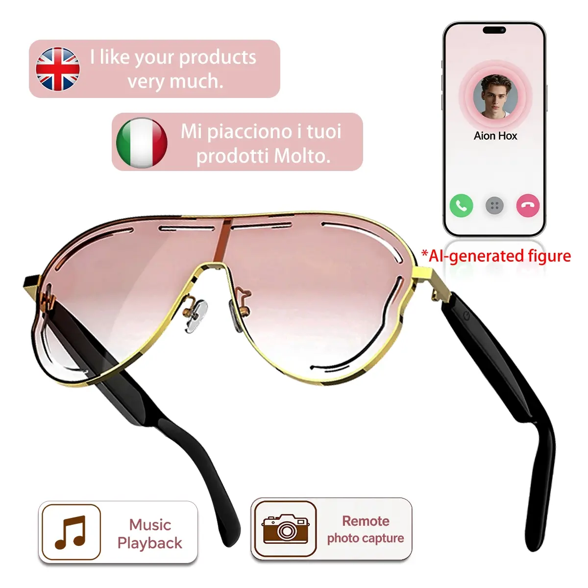 AI Smart Glasses for Women with Real Time Translation, Trendy Aviator Pink Sunglasses with Magnetic Charging, Wireless Bluetooth Audio Glasses with Remote Camera Control, Perfect for Vacation Road Trip Casual Daily Wear