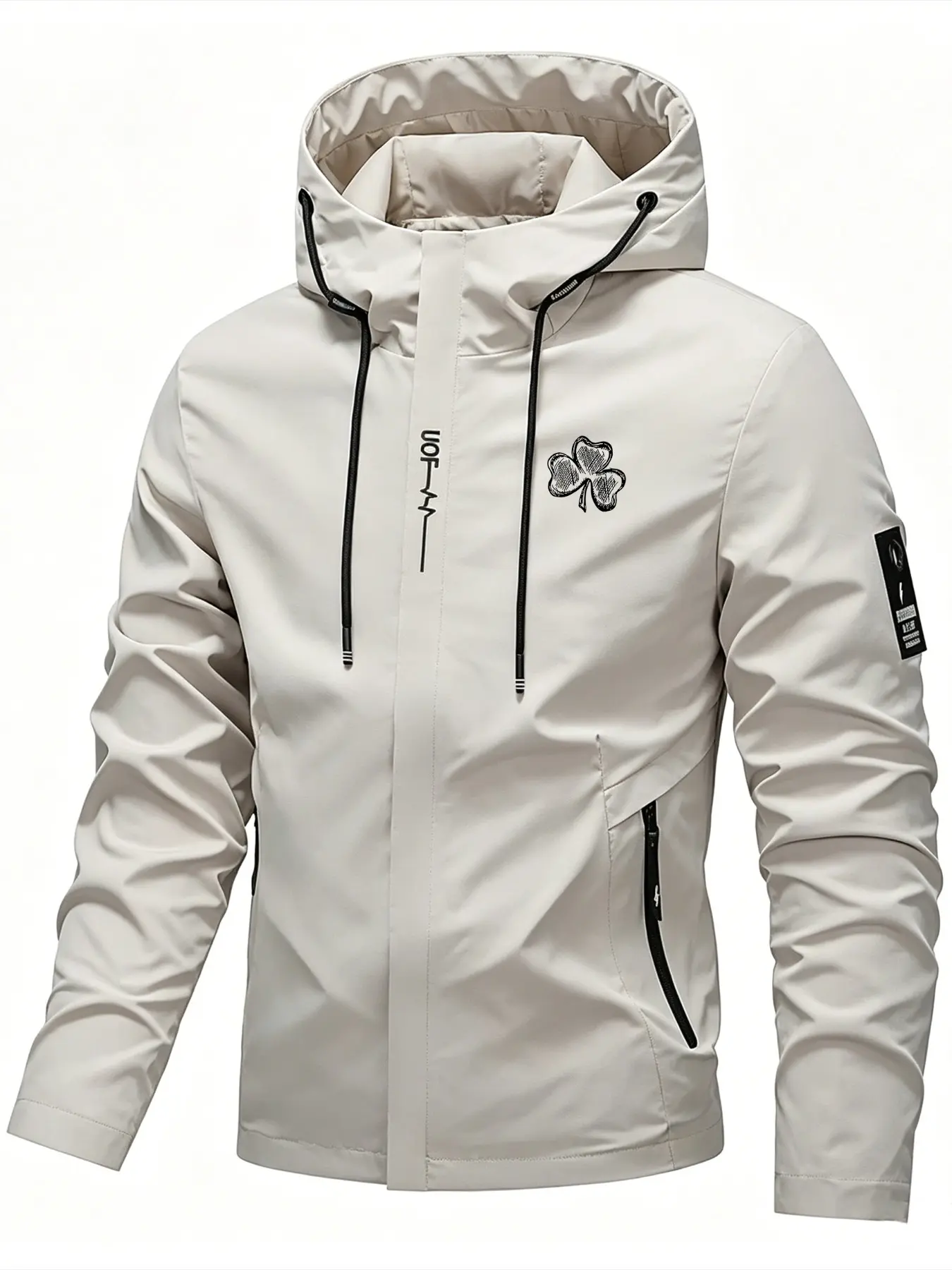 Logo Print Clover Hardshell Jacket, Wind-Resistant & Waterproof, High Stretch Breathable, All Seasons, Ideal for Hiking, School, Work