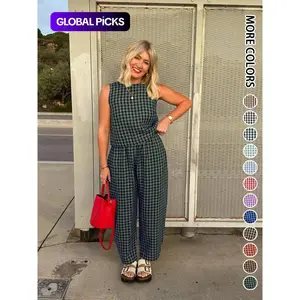 Summer New Women's 2 Piece Set Womenswear Cotton Plaid Sleeveless Crop Top Loose Fit Pocket Nine-Tenths Pants, Beach Vacation Casual Daily Wear