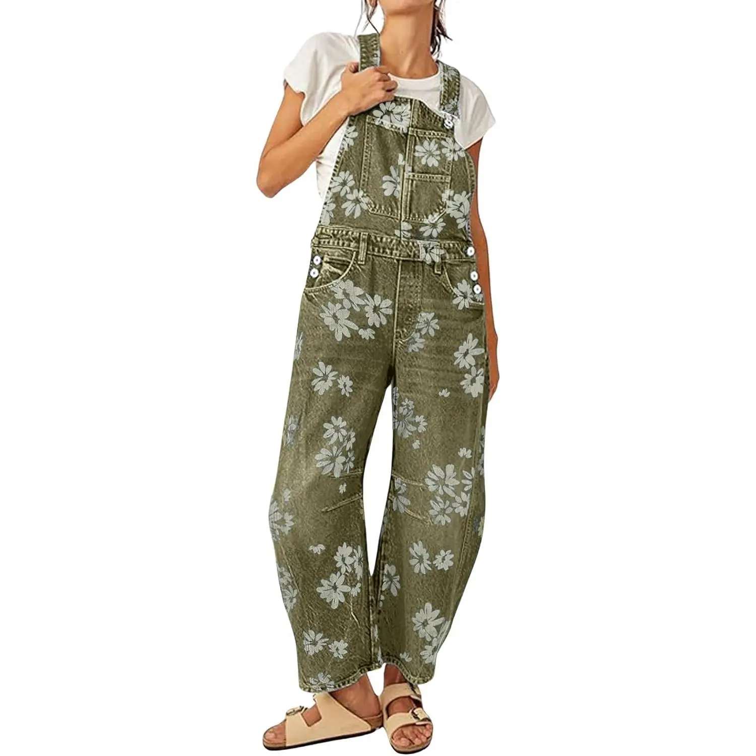 loveimgs Women Floral Print Denim Overalls Baggy Barrel Jeans Patchwork Denim Pants Y2k Straps Wide Leg Jumpsuit One Piece
