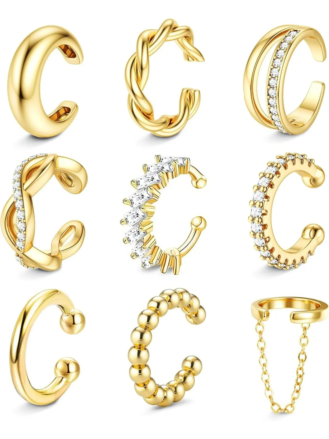 9PCS Ear Cuff Earrings for Women Non Piercing 14K Gold Plated - Hypoallergenic Adjustable Ear Cuffs Trendy Non Tarnish Clip on Cartilage Fake Earring Stacks Wrap Jewelry