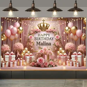 Pink Crown Floral Birthday Backdrop Banner Elegant Balloon Style Tapestry Wall Hanging Photography Background Polyester Fiber Cute Party Decor for Home Birthday Celebration Indoor Outdoor Photo Booth Props