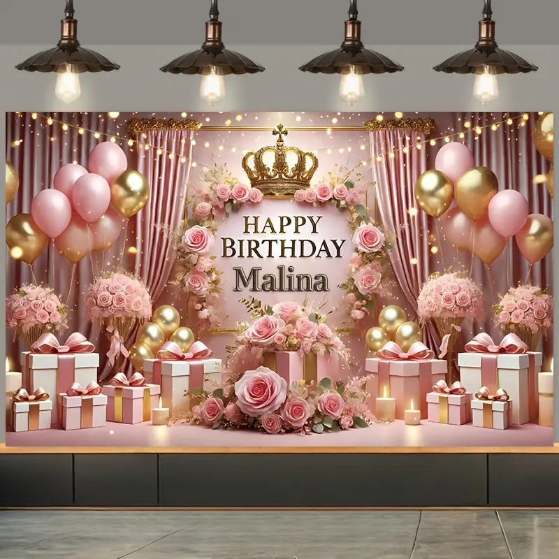 Pink Crown Floral Print Tapestry - Elegant Balloon-Style Polyester Wall Hanging, Lightweight Floral Arch Tapestry, Home Decor Decoration for Birthday Celebration Photo Booth Photography Background Props