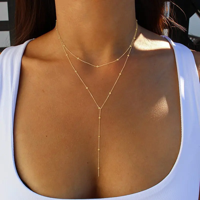 Elegant Long Multi-Layer Necklace for Women, Geometric Beaded Metal Coated Chain with a Fringe Tassel Pendant, Daily, Casual, Letter, Metal Coating, Bead Necklaces, Crystal Pendant, Everyday Wear, Geometric Fringe, Long Length, Multi-Layered