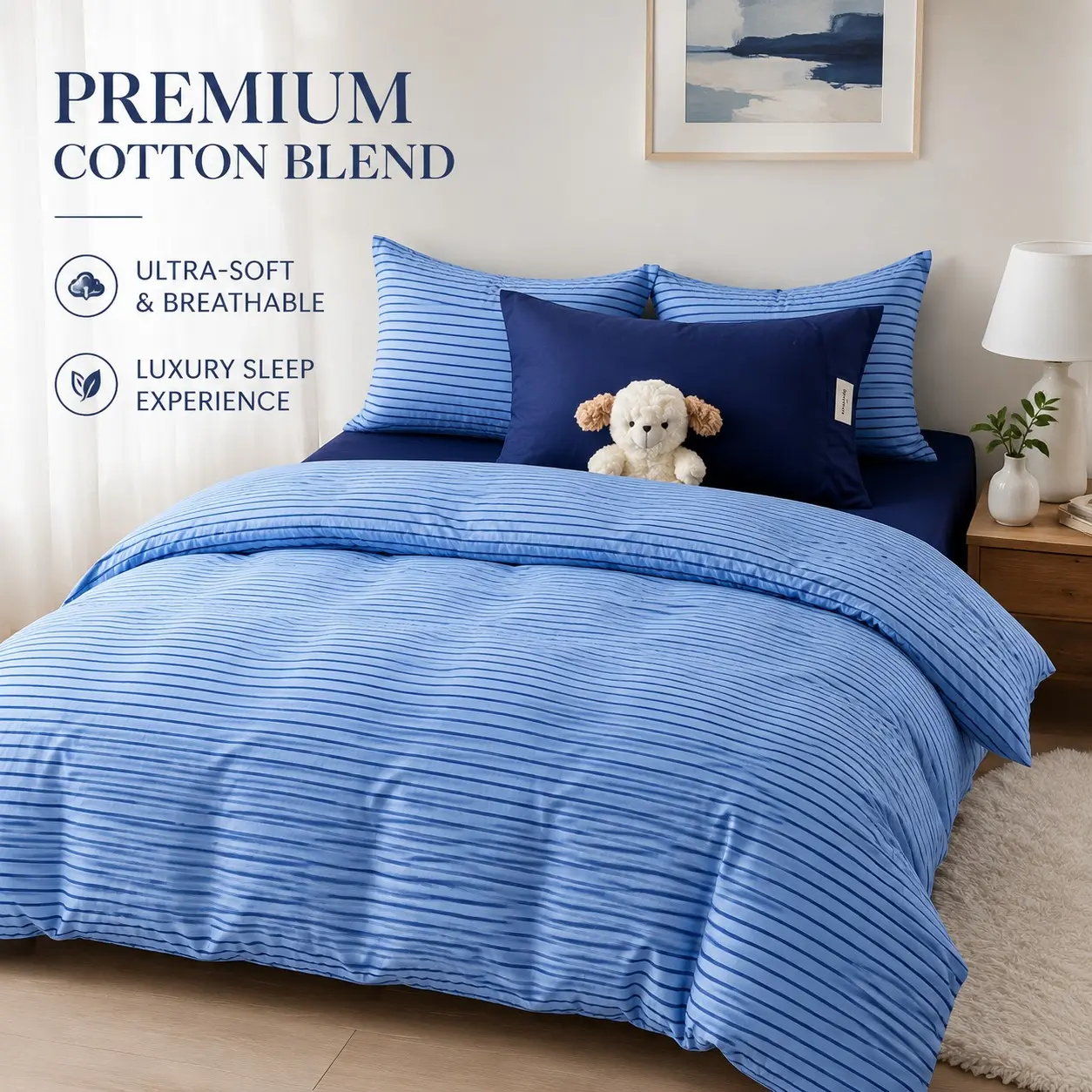 New 3-Piece Minimalist Blue Striped Lightweight Soft Duvet Cover Set, Ultra-Soft Pre-Washed Cotton-Like Polyester Bedding Set. Includes 1 Duvet Cover & 2 Pillowcases, Duvet Insert Not Included.