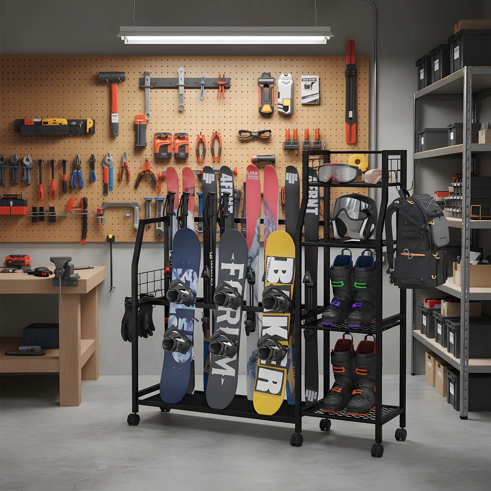 4-Tier Freestanding Snowboard Rack for 4 Pairs Of Skis, 3 Snowboards, Boots, Poles, Goggles, Helmets, Ski Storage Rack with Adjustable Shelves, Snowboard Stand for Home, Garage
