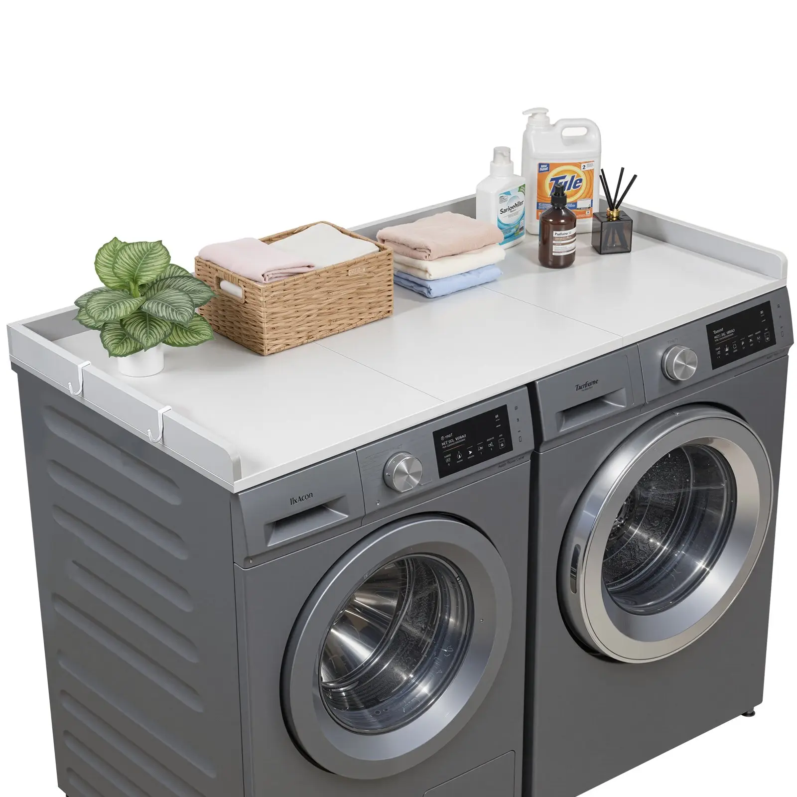 VEVOR Particle Board Washer and Dryer Countertop, 54x27.5 in Modern Water-Resistant Wooden Topper with Edge & 2 Dual-Side Hooks, 26.4 lbs Easy-Install Organizer, 250 lbs Load Capacity for Laundry Room, Balcony