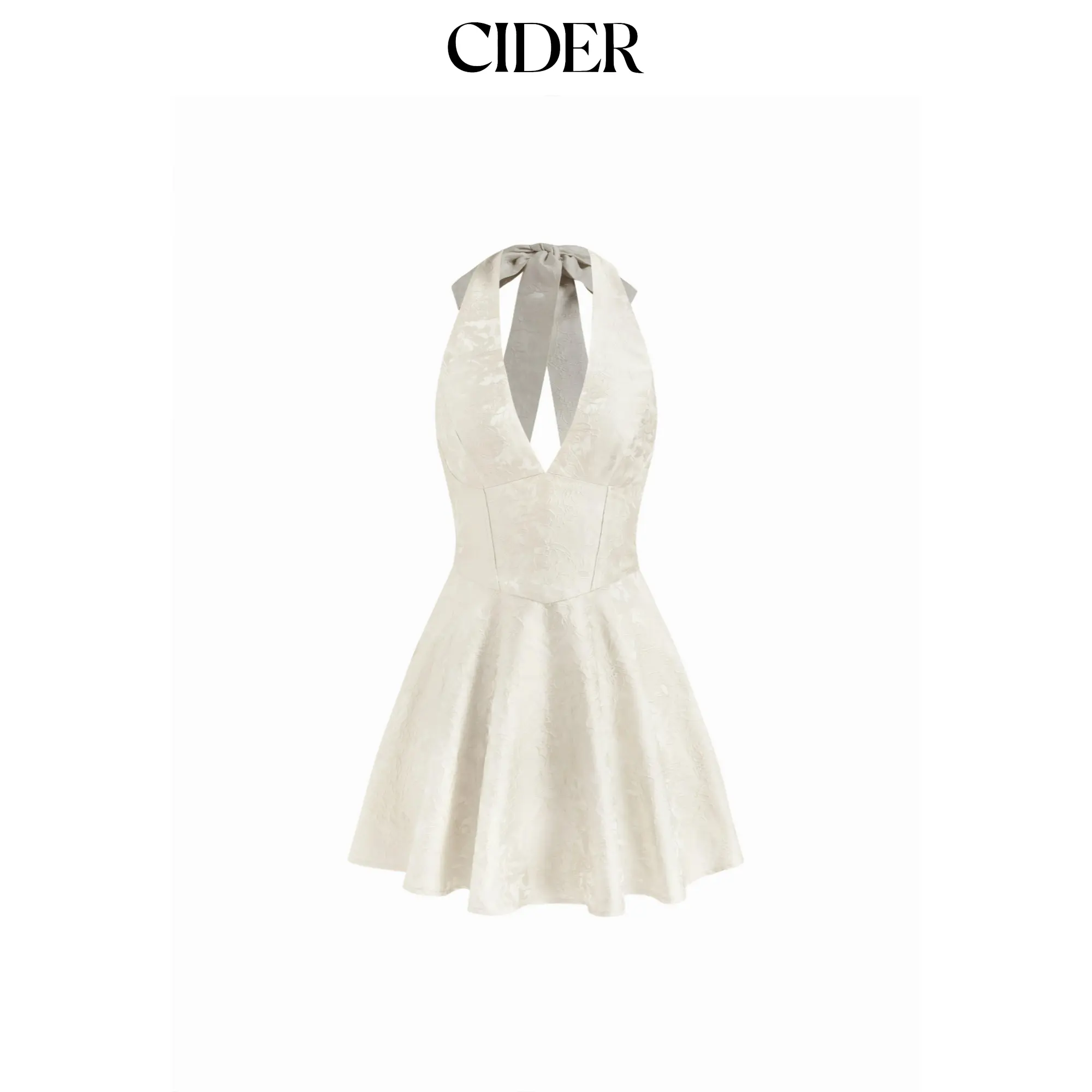 Cider Jacquard Sculptural Halter V-neck Lace Up Backless Ruffle Mini Dress Formal Womenswear