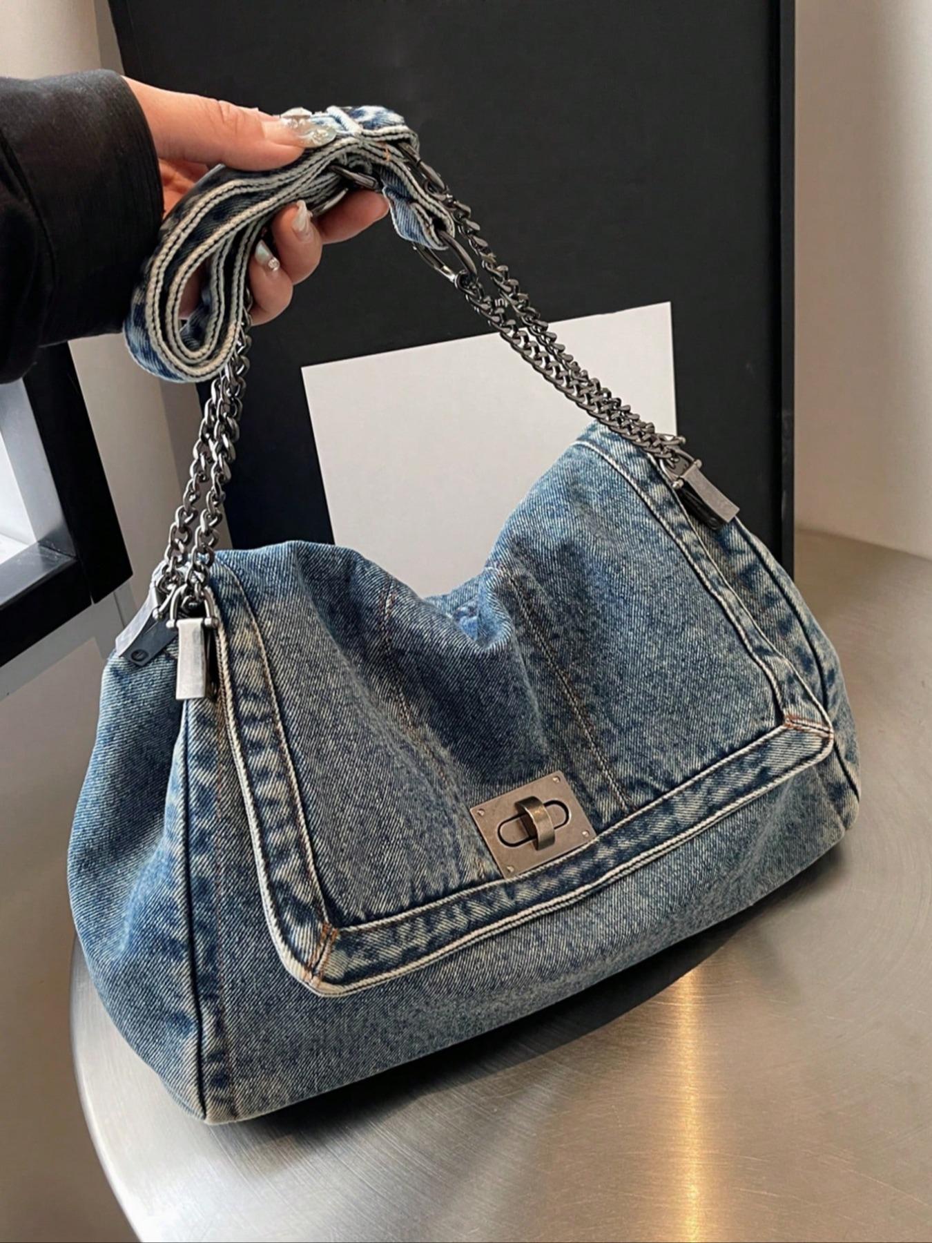 Women's Denim Shoulder Bag, Large Capacity Chic Chain Strap Crossbody Bag for Daily Use, Casual Trendy Versatile Daily Commuting Bag