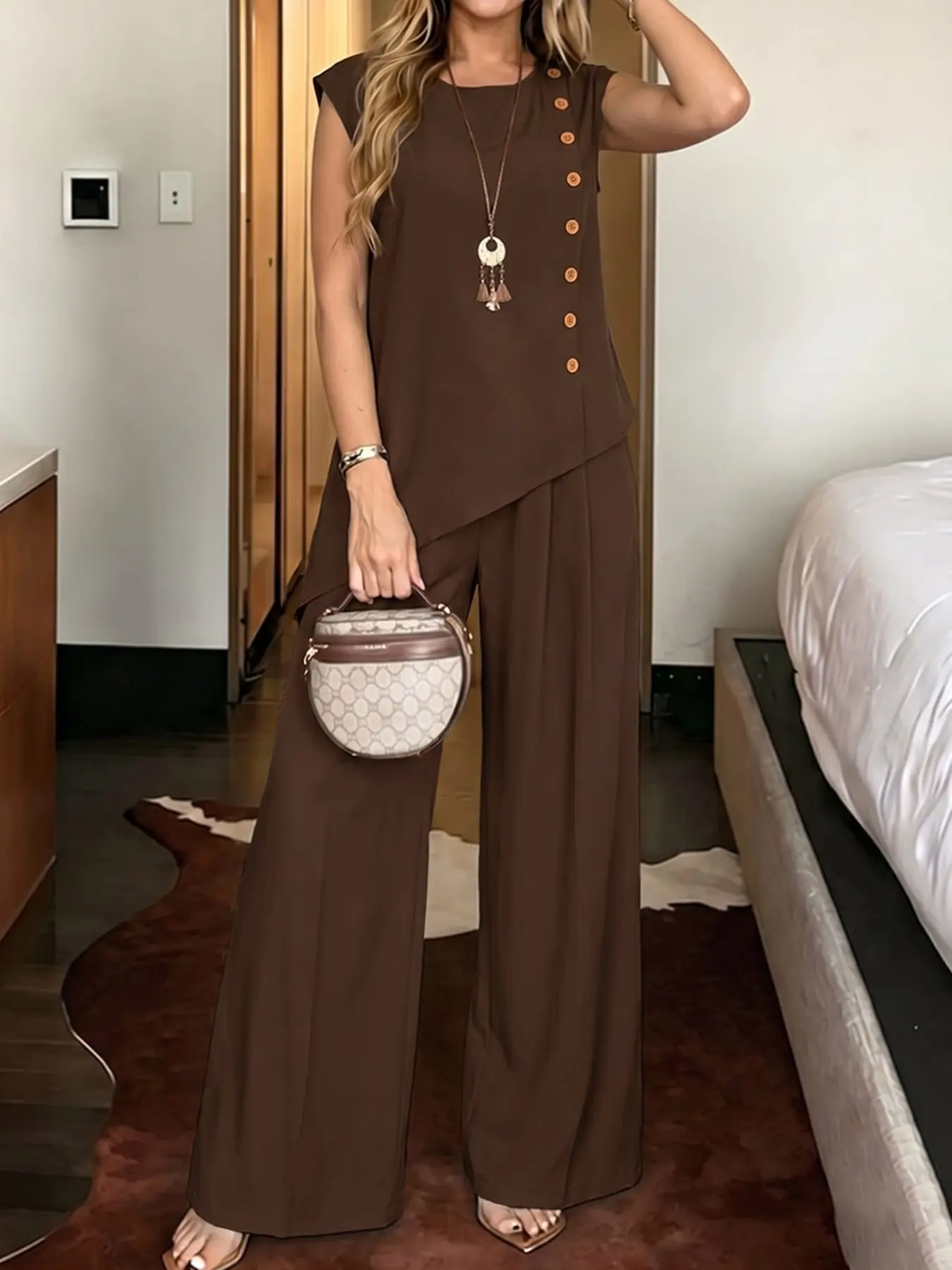 ZANZEA Women's Round Neck Short Sleeve Open Front Button Top + Elastic Waist Wide Leg Pants Set, Two-Piece, European Style, Chic, Everyday Casual Travel Wear