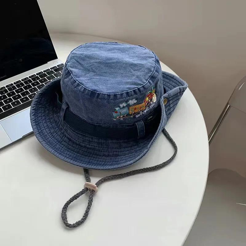 1pc Summer Train Embroidery Panama Hat for Women Beach Sun Protection Bucket Hat Retro Bob Fisherman Hats Visor Fishing Caps