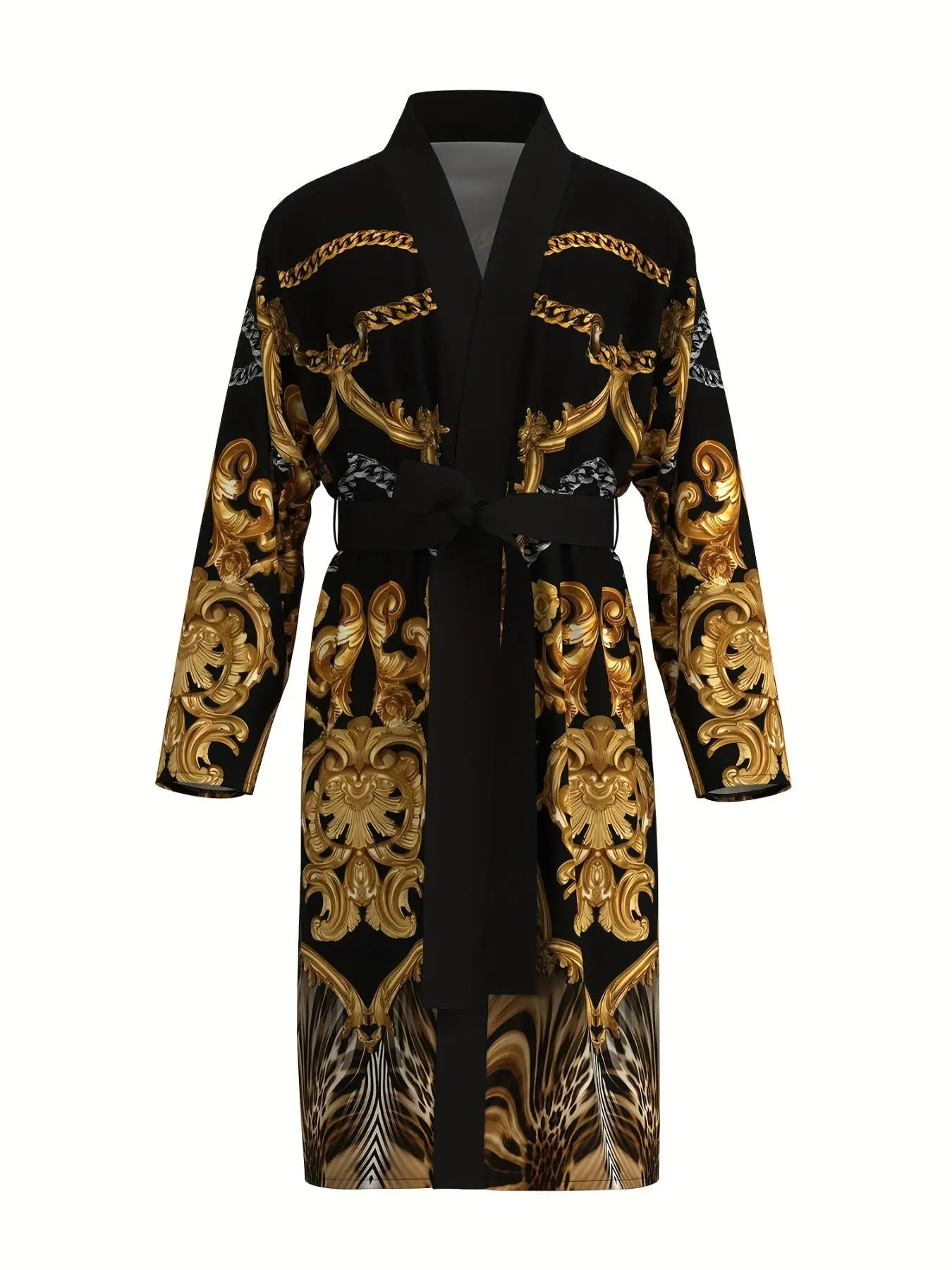 Long Luxury Belted Bathrobe Loungewear with Golden Baroque Pattern and Leopard Print Splicing