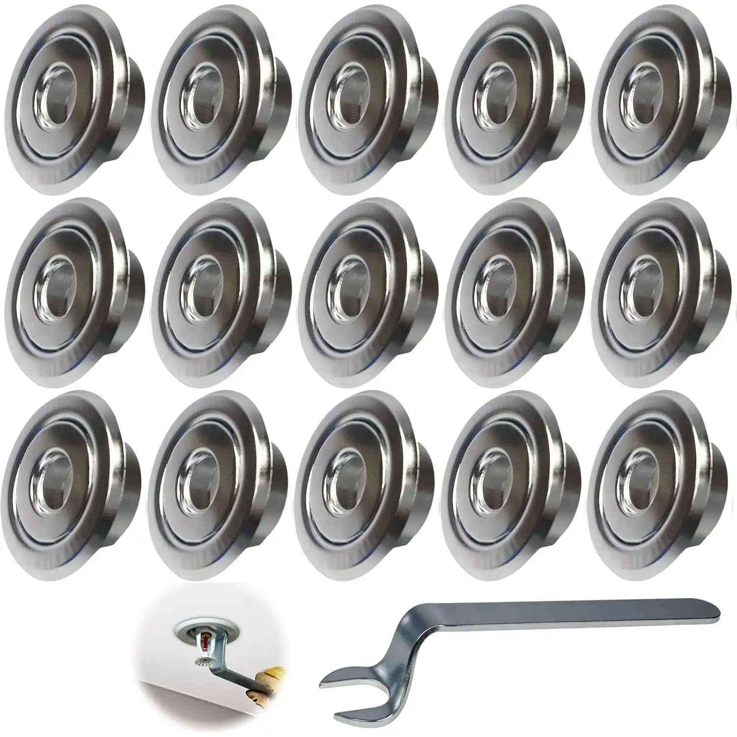 Fire Sprinkler Escutcheon Covers, 1/2 Inch Recessed Trim Ring | with Matching Installation Wrench, 15 Pack Chrome Ceiling Sprinkler  Cover Plates for Renovation &