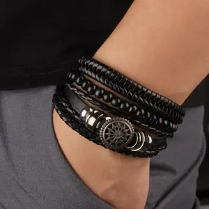 4-Pack Vintage Tribal Braided Leather Bracelet Set, Wooden Bead & Rudder Charm Wristband, Men Casual Daily Jewelry Gift