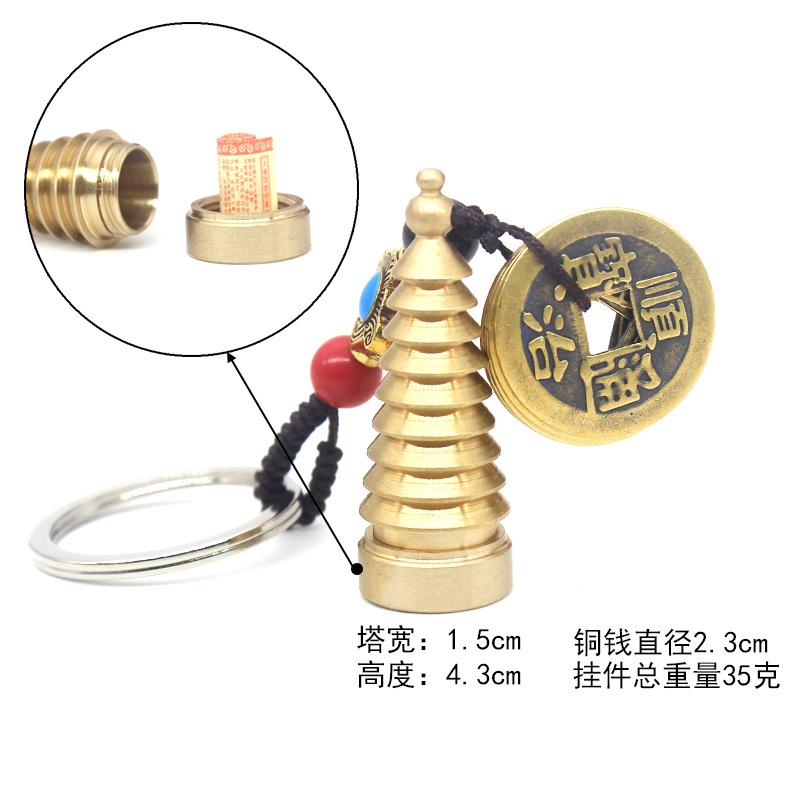Brass Five Emperor Coins Keychain with Gourd & Wenchang Pagoda