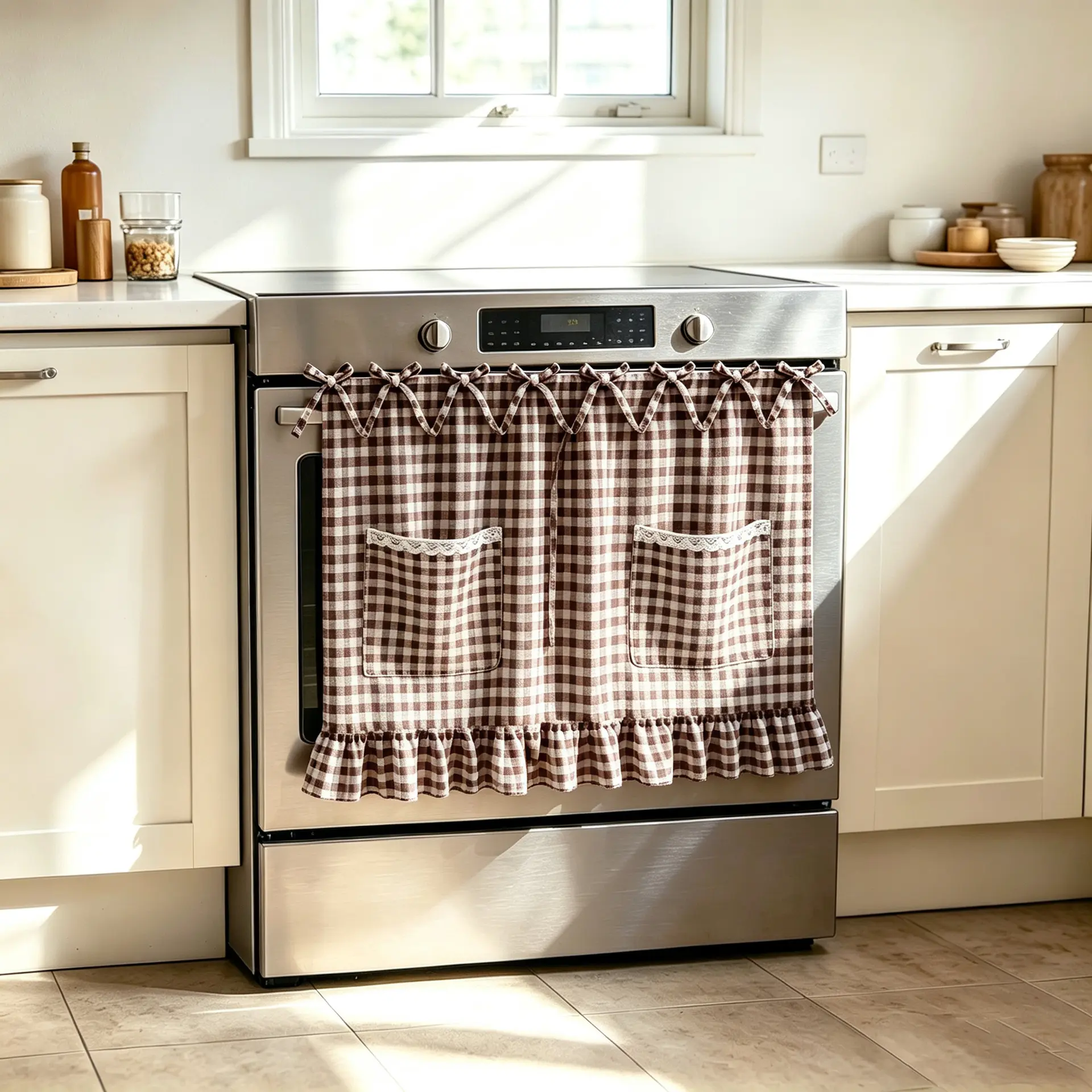 Thickened Reversible Oven Cover with Lace Pockets – Aesthetic Kitchen Appliance Dust Protector, Cute Tie-On Double-Sided Toaster Oven Skirt, Viral Cottagecore Home Decor & Storage Organizer for Baking Lovers