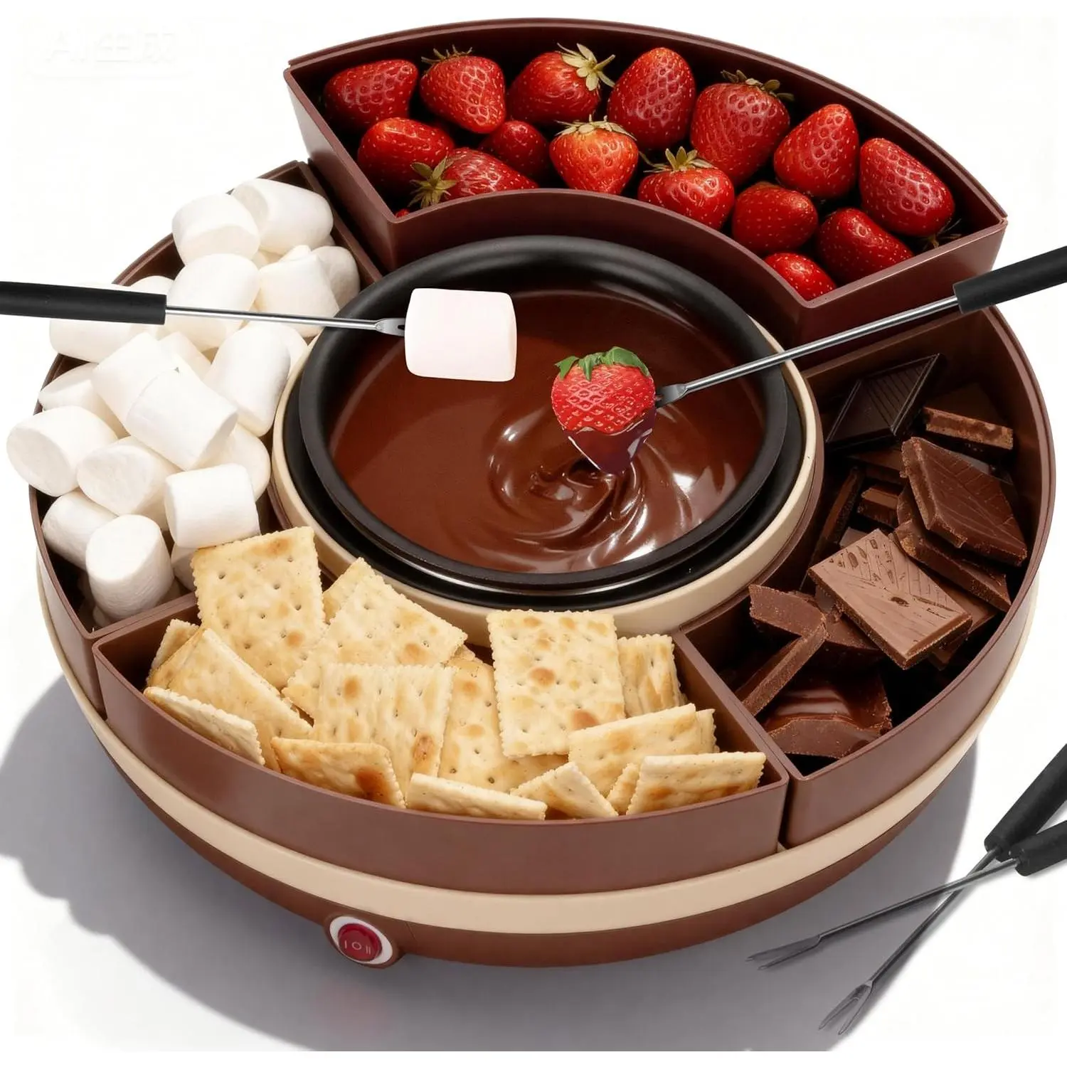 Electric Cheese & Chocolate Fondue Pot Set, Candy Melting Pot with 4-Section Food Tray, Hot Chocolate Maker Warmer for Party, Brown