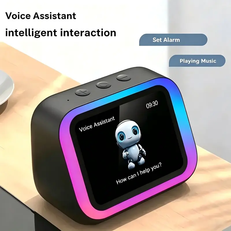 Ai Smart Speaker with Intelligent Alarm Clock, Wireless Bluetooth-compatible Speaker, Dynamic RGB Lights, High-Definition Display, 1800mah Battery