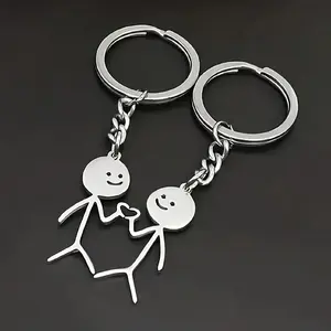 [Stick Figure Charm] 2pcs Cute Stickman Couple Keychain - Stainless Steel Minimalist, Interlocking Hearts, Valentine's Gift for Him/Her, Friends, Family, Backpack & Bag Accessories (Durable)