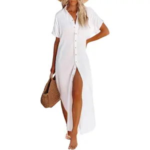 Long Button Down Beach Cover Up for Women Short Sleeve Swimsuit Coverup Bathing Suit Cover Ups(Gift)