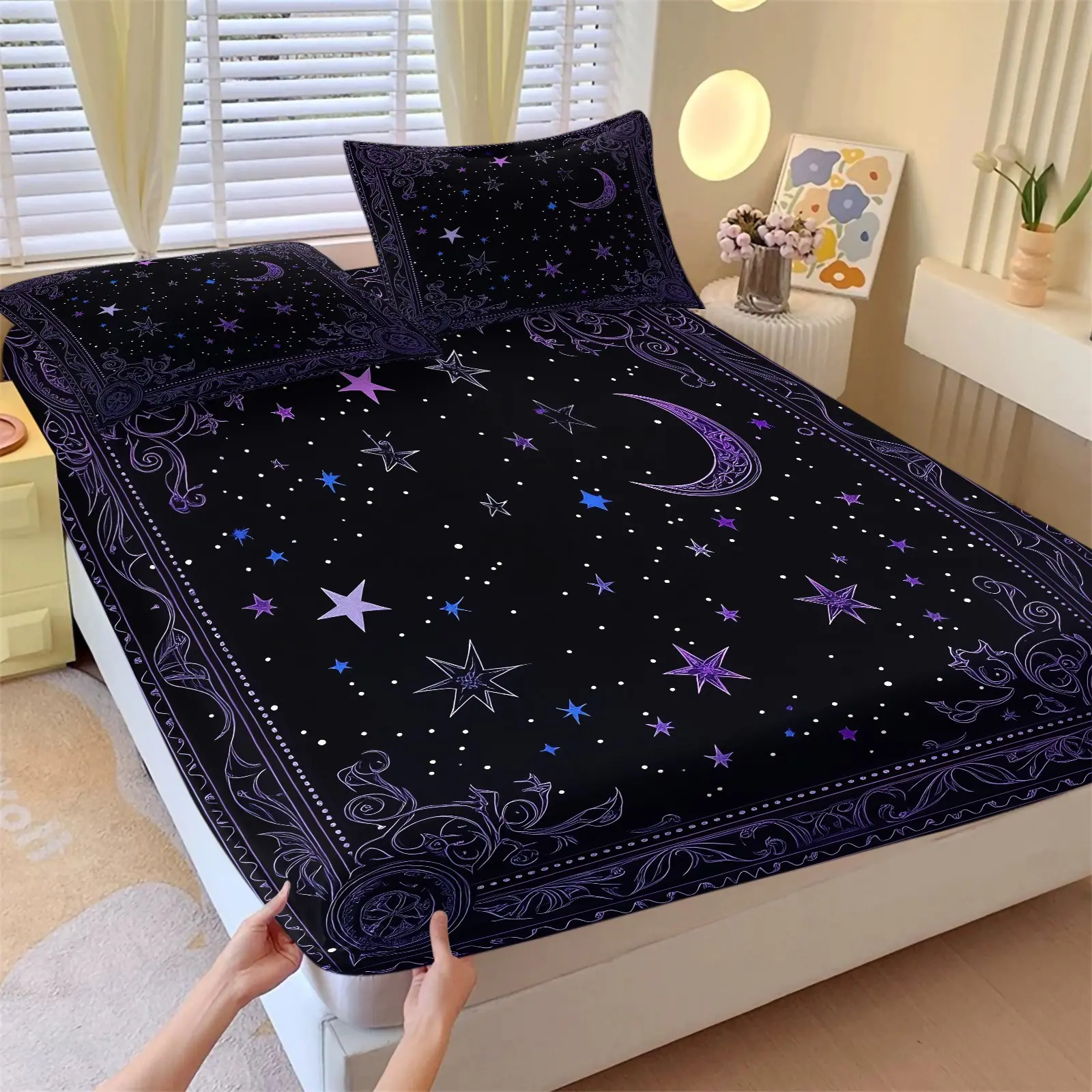 Mystical Purple Moon & Star Fitted Sheet Set, Bed Sheet Sets, Bedsheet, Comfy Bedding, Soft Breathable Gothic Night Sky Bedding, 1 Fitted Sheet + 2 Pillowcases, Witchy Gift Bed Cover for Bedroom, Dorm & Guest Room, Twin/Full/Queen Size