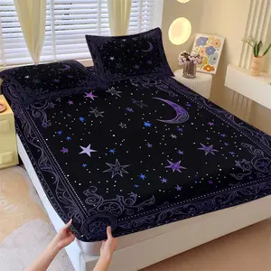 Mystical Purple Moon & Star Fitted Sheet Set, Bed Sheet Sets, Soft Comfy Bedding, Soft Breathable Gothic Night Sky Bedding, 1 Fitted Sheet + 2 Pillowcases, Unique Witchy Gift Bed Cover for Bedroom, Dorm & Guest Room, Twin/Full/Queen Size