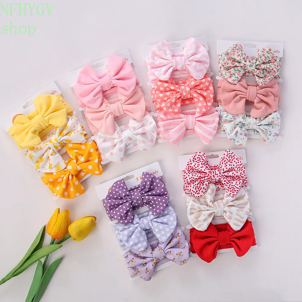 3 Pcs Baby Girl Bow Headbands Set, Floral Polka Dot Stretchy Nylon Hair Bands, Soft Printed Big Bow Hair Accessories For Newborn Infant Toddler Baby Shower Gift Birthday Photoshoot Daily Wear