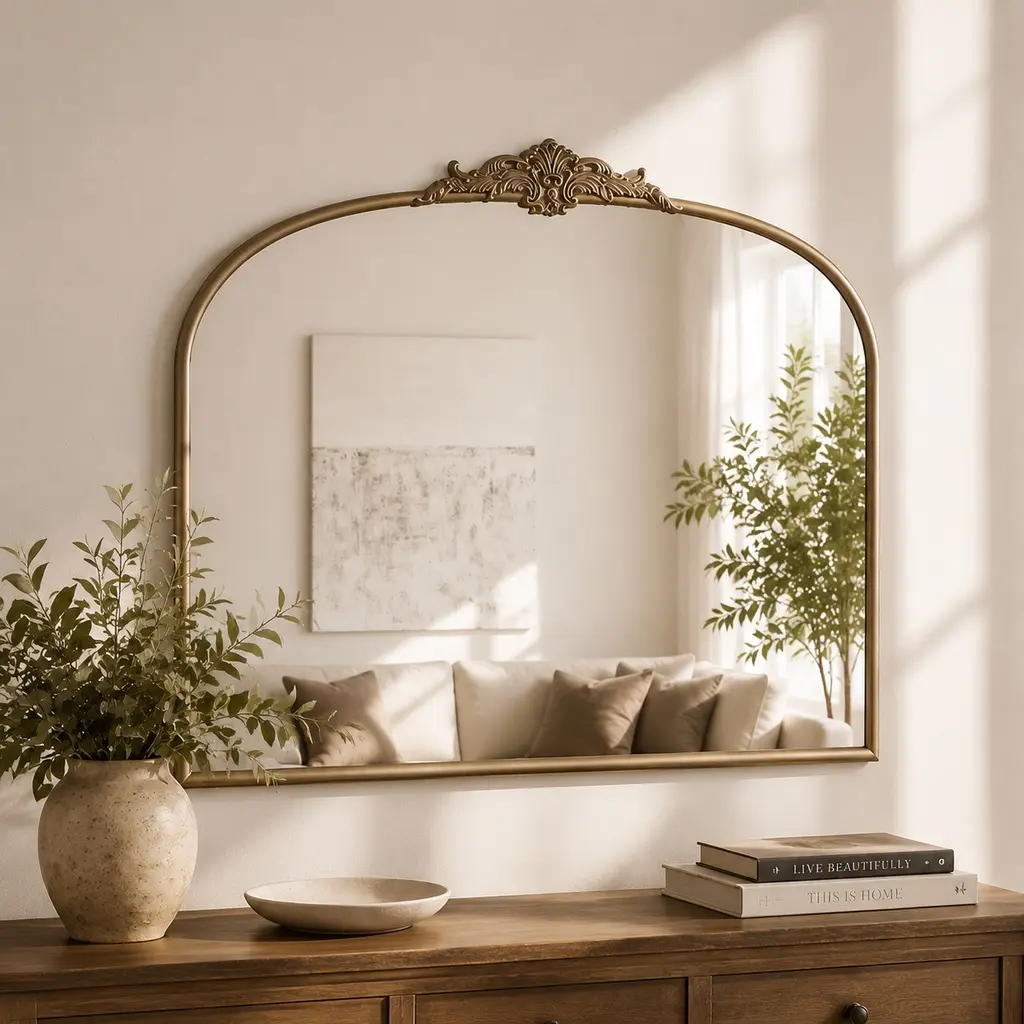 ARCH Vintage Floral Glam Arched Wall Mirror - 40x30in Antique Brass Metal Frame, Baroque Ornate 4mm HD Silver Glass, Wall Hanging for Fireplace, Entryway Decor, Home Reflections & Living Room Home Decor