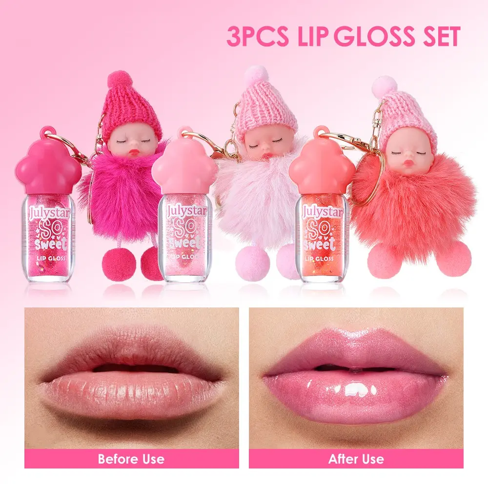 3 Pack Doll Keychain Color Changing Lip Gloss, Moisturizing Gloss, Temperature Sensitive Shimmer Glitter Lip Oil, Hydrating Non Sticky Glass Lip Finish, Cute Doll Pendant Design Keychain Size, Long Lasting Moisturizer Plump Lips For Daily Dating Makeup