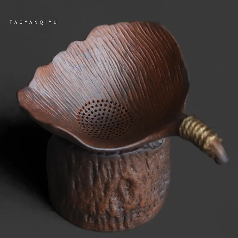 Old rock clay tree stump ginkgo leaf tea filter set retro coarse pottery material creative gongfu tea making tools tea accessories tea strainer