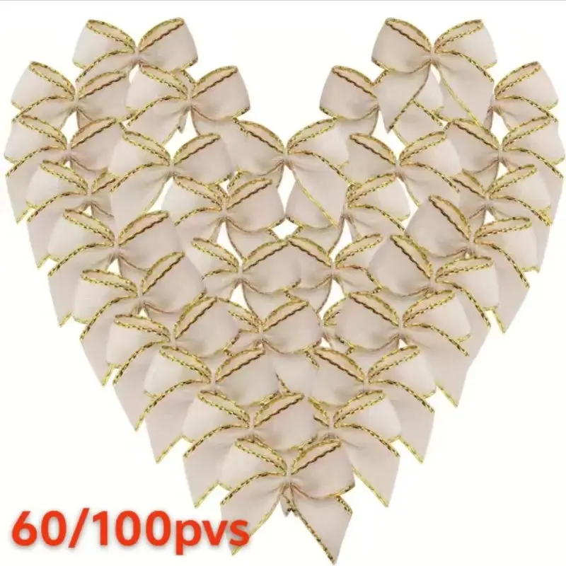 60/100pcs/ bag 1.6 inch Phnom Penh Mickey Ear Bow with white piping-red and green plaid gift wrapping bow, prefabricated full polyester bow, suitable for Christmas tree decoration, garland, (featherless, elegant holiday bow tie)
