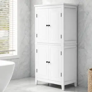 ARCH White Freestanding Bathroom Floor Storage Cabinet with 4 Doors and Adjustable Shelves, Tall MDF Cupboard Organizer for Towels, Cosmetics, and Shower Essentials, Waterproof Easy-Clean Finish, 11.8W x 23.6D x 43.3H Inches, White Color Options