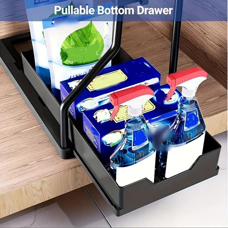 2 Layer Pull-Out Storage Rack, Large Adjustable Divider Drawer Organizer, Kitchen & Bathroom Storage Shelf, Dual-Layer Dish Rack, Dish Drying Organiser
