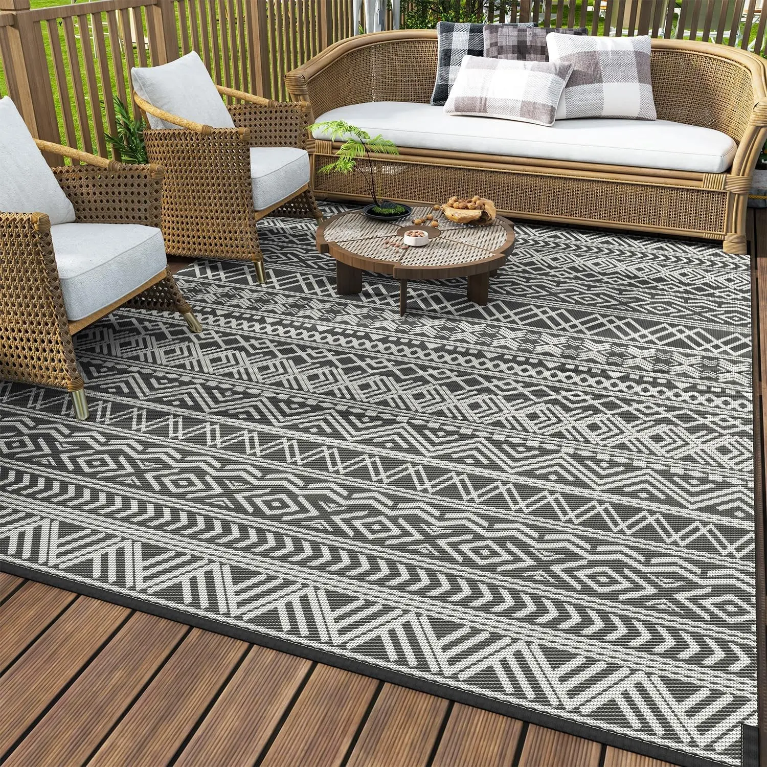 Outdoor Rug Carpet Waterproof 5x8 Outdoor Patio Rug Mat Reversible Plastic Straw Outdoor Rug for RV Camping Picnic Beach Balcony Boho Grey