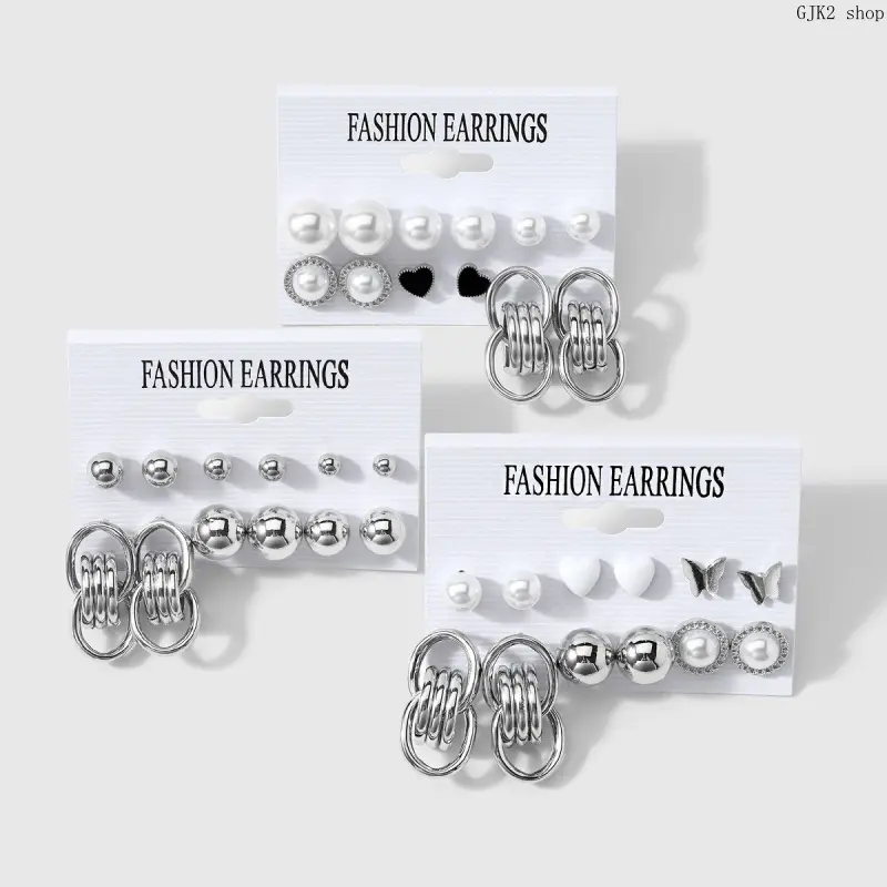 Silver Tone Multipack Hoop & Stud Earrings Set, Assorted Pearl Butterfly Rhinestone Earring Combo
