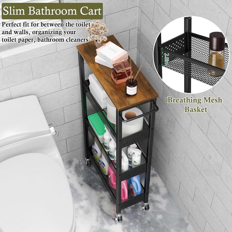 4-Tier Slim Rolling Cart with Wooden Tabletop,Mobile Metal Utility Storage Cart,Slide Out Narrow Cart for Tight Spaces on Bathroom Kitchen Laundry Room Bedroom Apartments Dormitory Deals For You Days 4-Tier Slim Rolling Cart with Wooden Tabletop,Mobile Metal Utility Storage Cart,Slide Out Narrow Cart for Tight Spaces on Bathroom Kitchen Laundry Room Bedroom Apartments Dormitory Deals For You Days