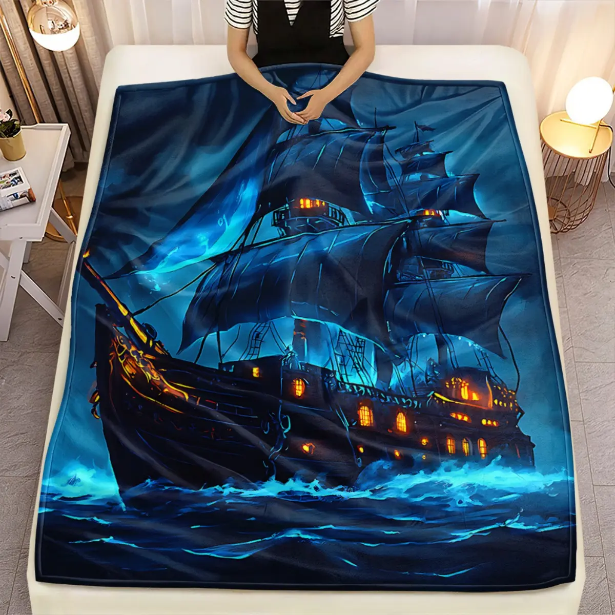 1pc Nautical Sailing Ship in Stormy Seas Blanket - Lightweight 280gsm Flannel All-Season Soft & Warm Bedspread, Digital Printed Maritime Design with Dark Blue & Black Stormy Ocean Waves, Sailing Ship Bedding for Sofa, Bed, Travel, Camping, Office -
