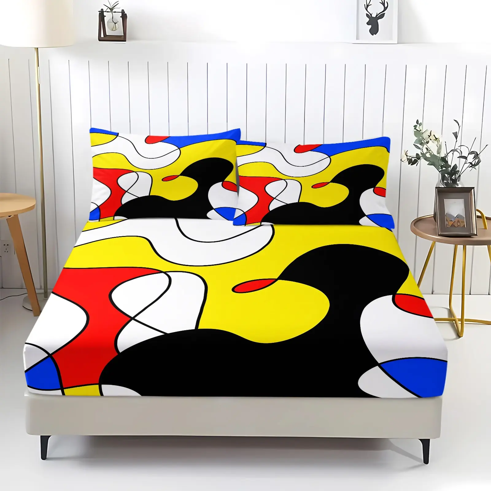 Primary Color Abstract Curved Geometric Print Fitted Sheet Set, Bed sheet set, HD Digital Deep Pocket Bedding, Includes 2 Pillowcases - without Core, All-around Elastic, Soft Breathable & Machine Washable Modern Art Bedroom Decor