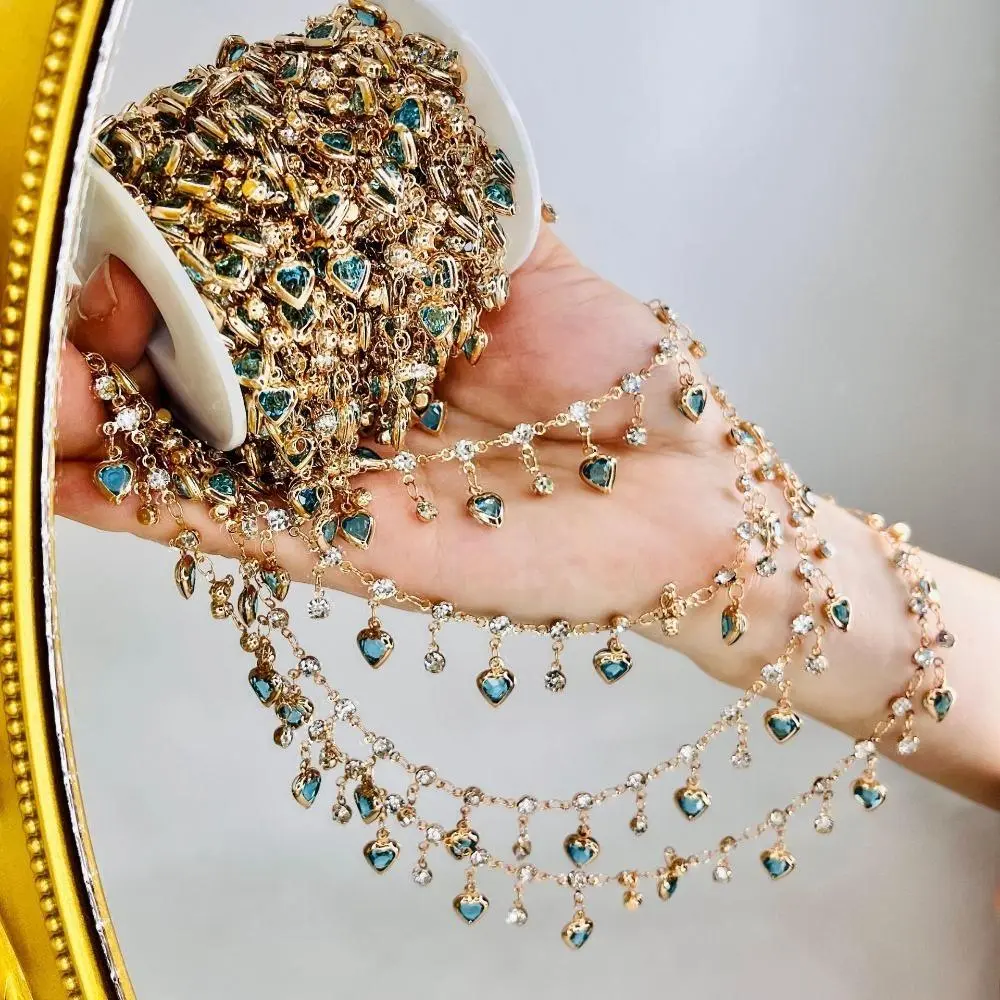 2026 DIY Jewelry Chain Inlaid Blue Heart Rhinestones Summer Vibes, Handmade Craft Chain Material for Hair Accessories & Garment Decoration
