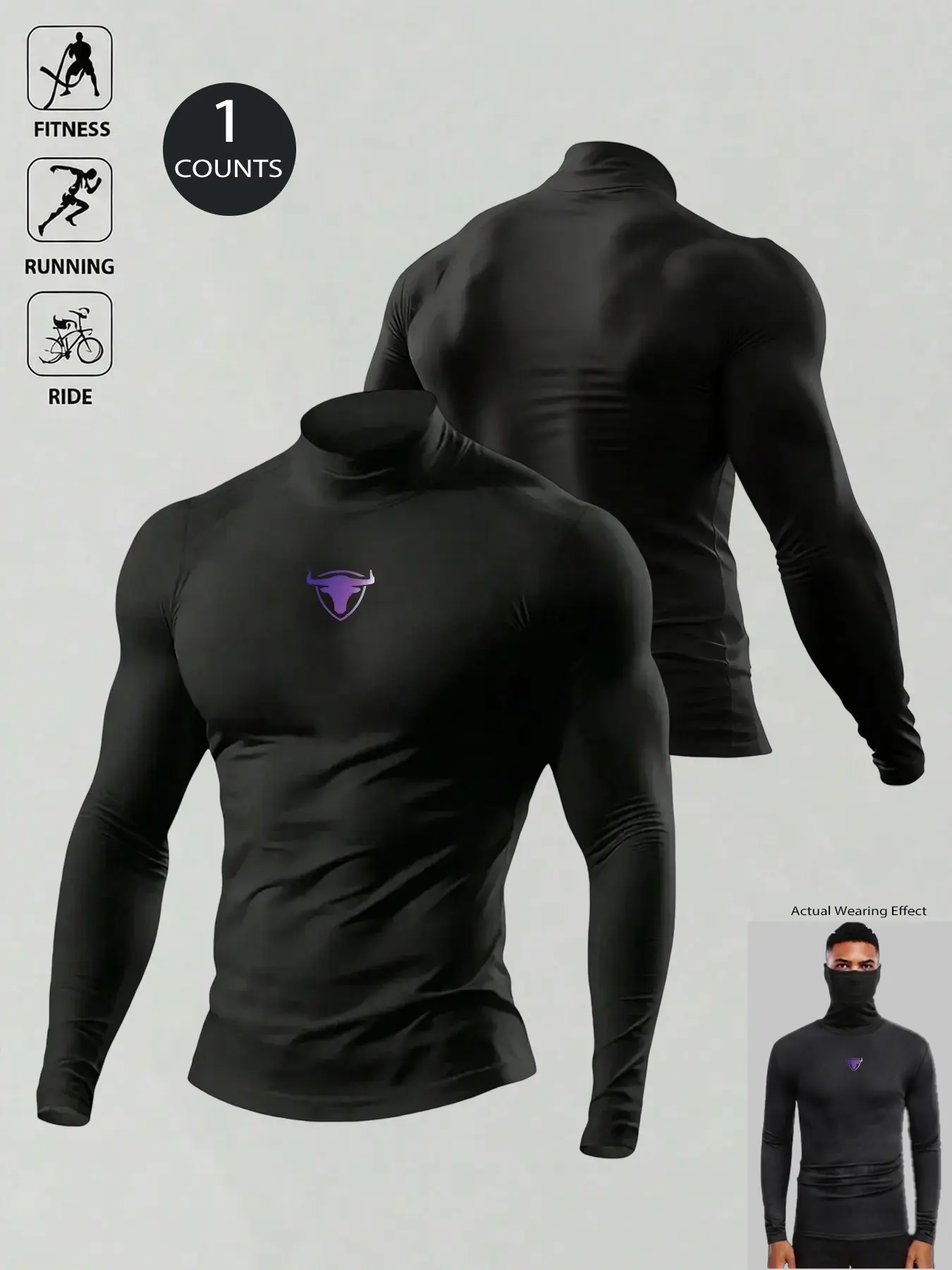 Men's High Neck Compression Shirt, Muscle Fit Long Sleeve Workout Top, Breathable & Moisture-Wicking Base Layer, Skinny Fit Training T-Shirt for Gym, Running, Cycling & Casual Streetwear, Fitness Shirts, One Wear Multi-Use