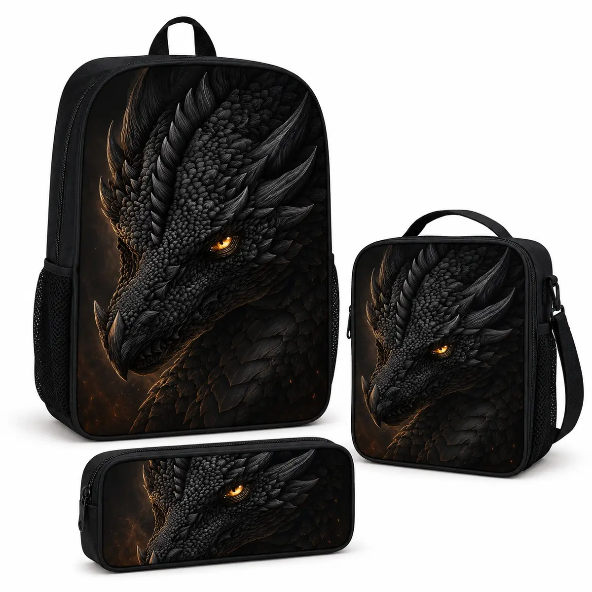 3-Piece Black Dragon Backpack Set for Boys Kids and Teens, Fantasy Dragon School Backpack with Matching Lunch Bag & Pencil Case, Back to School Essentials, Cool Gamer Bookbag, Student Travel Daypack, Dragon Lover Gift
