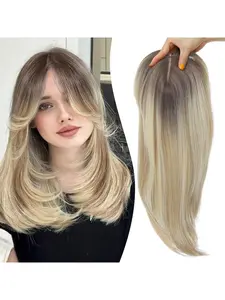Synthetic Hair Topper with Bangs 18 Inch Layered Toppers for Women with Thinning Hair Tied Forehead Hairline Cover Wispy Synthetic Toppers Hair for Women Fiber Wiglets