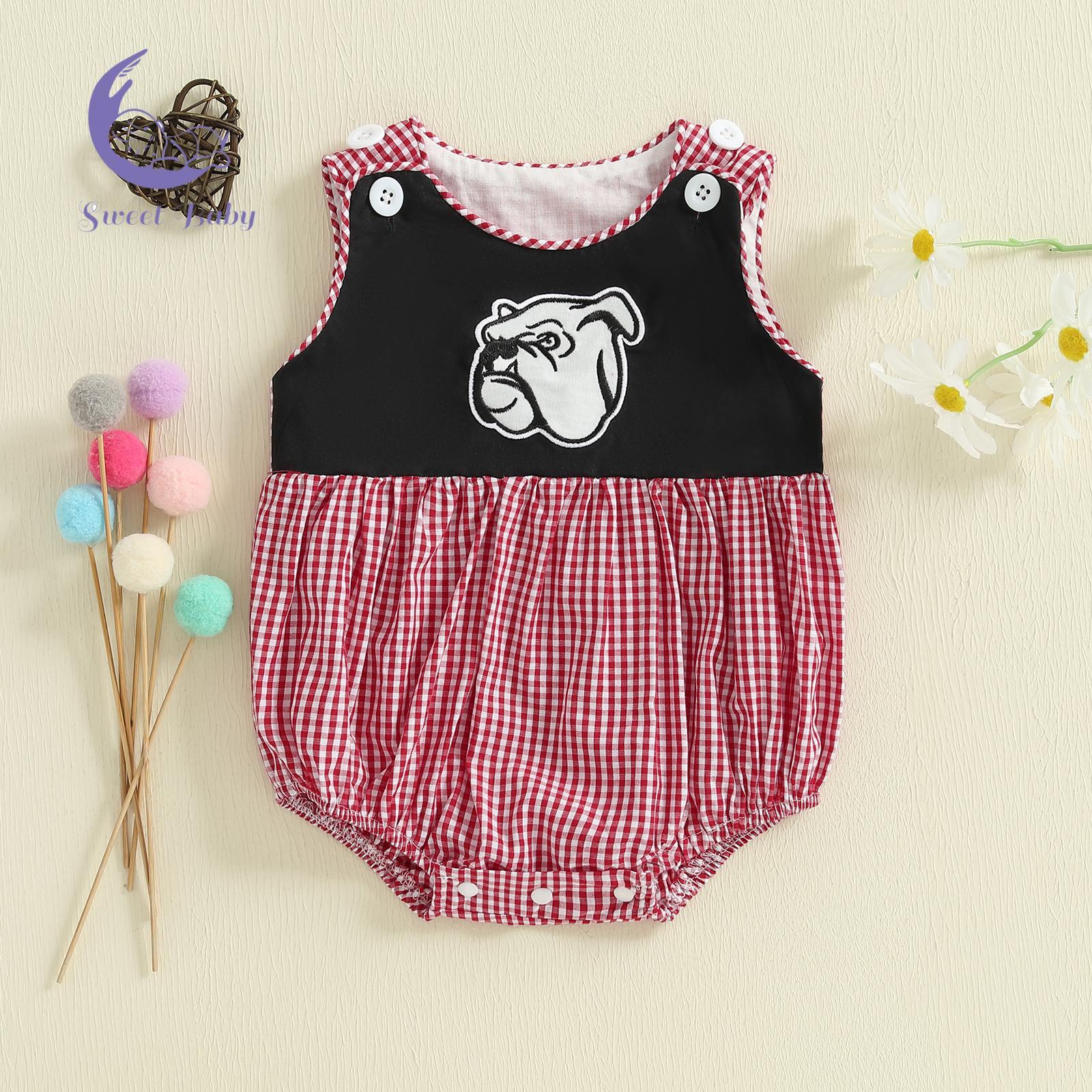 Baby Boy Sleeveless Round Neck Summer Romper Overalls, Animal Embroidery, Plaid Print Jumpsuit
