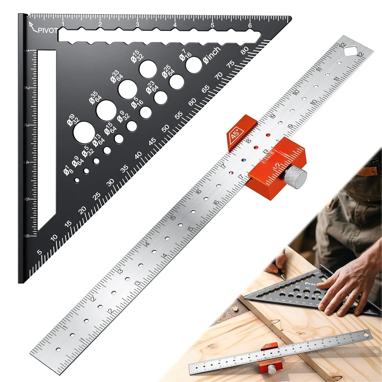 2 count  Alloy Carpenter Square Set - 12"  Combination Square & 7" Rafter Square with Drill Guide | 5-in-1 Layout Tool for Woodworking Framing and DIY