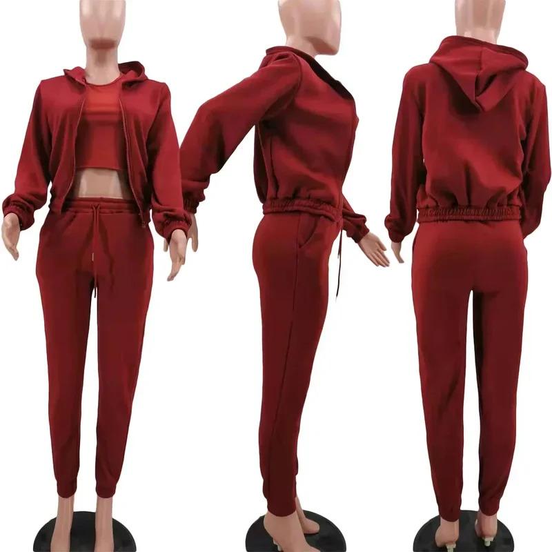 Women's Clothing Set Fleece-lined Hooded Sweater &Sleeveless Tank Top & Sports Sweatpants Pants Can be used with raincoat