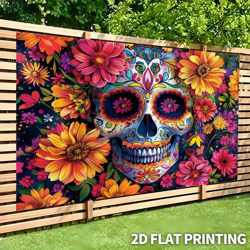 1pc Large Sugar Skull Floral Party Banner - Vibrant Mexican Day of the Dead Decoration with Floral Patterns, Extra Long Backdrop for Halloween, Dia de los Muertos, Wedding, Birthday, Home Decor - Easy Hang No Electricity Needed - Durable Polyester Fabric,
