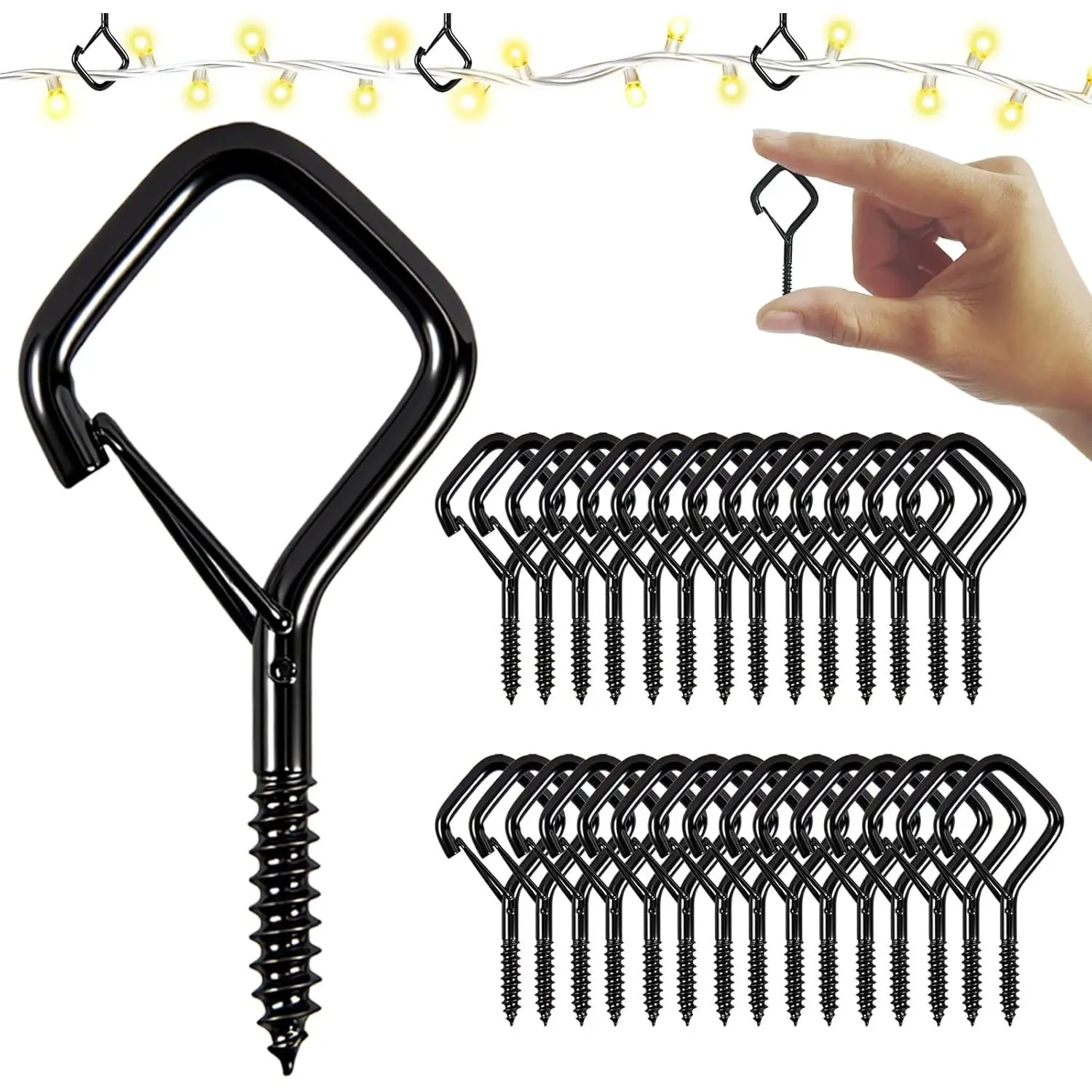 Screw Hooks 1.65 Inch, Small Metal Ceiling Hooks for Outdoor String Lights, Wind Chimes, Lanterns, and  Decorations Indoor and Outdoor (Black, 30 count)