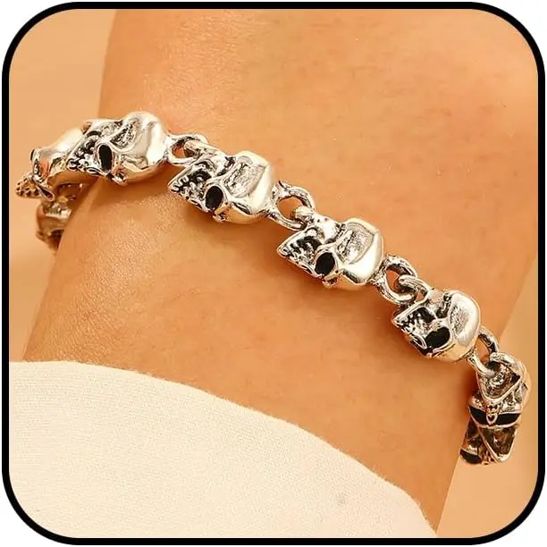 Punk Goth Bracelet with Skull Motif, Adjustable Stainless Steel & Synthetic Beads Chain, Unisex Halloween Statement Wrist Candy, Hand Chain Bracelet, Halloween Wear