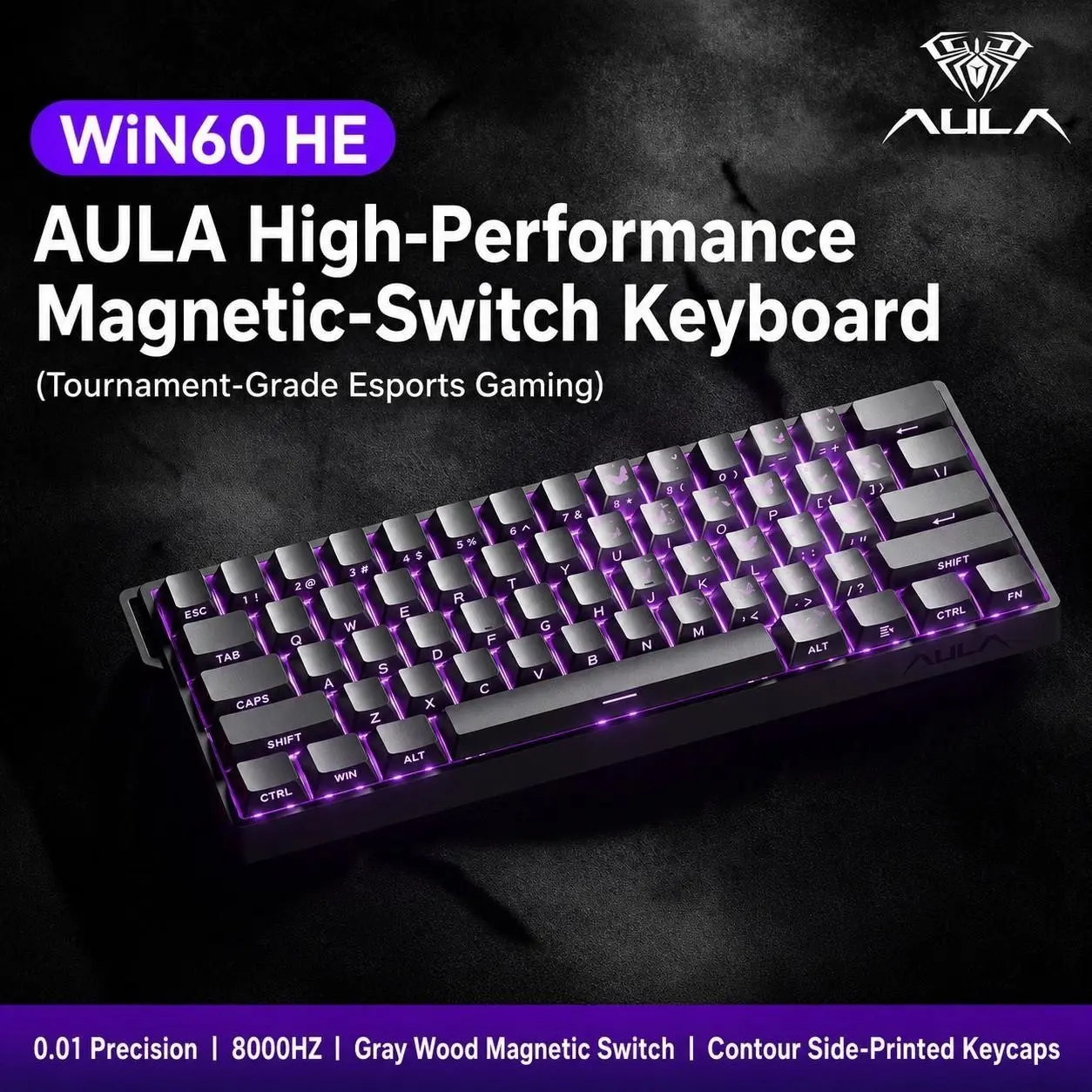 AULA Win60 HE wired game keyboard, 60% arrangement, 61-key portable mini layout, cool RGB lighting effect, sensitive magnetic axis, high-performance chip, compatible with Windows/AMC system, suitable for e-sports office.
